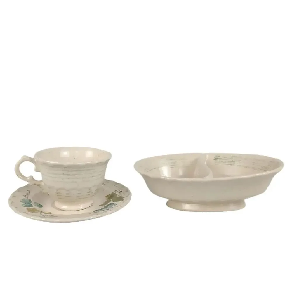 Vtg Metlox Vernonware VINEYARD Divided Jelly Dish Cup & Saucer Set Grapes Leaves